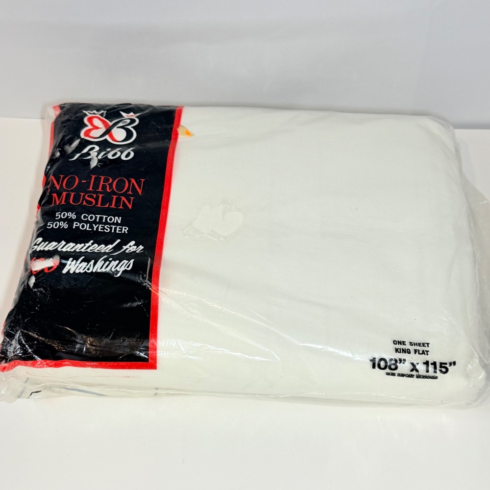 Vintage Bibb No Iron Muslin King Flat Sheet White 108x115 Made in USA New